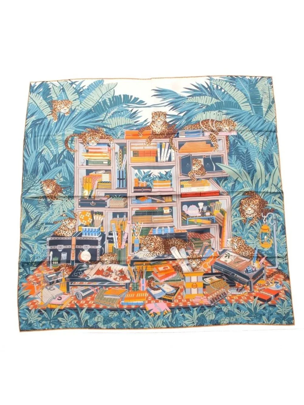 Hermes Carre 90 Silk Double Face Les Douze Leopards 12 Scarf Orange Blue